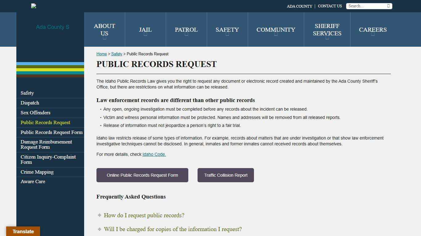 Public Records Request - Ada County Sheriff