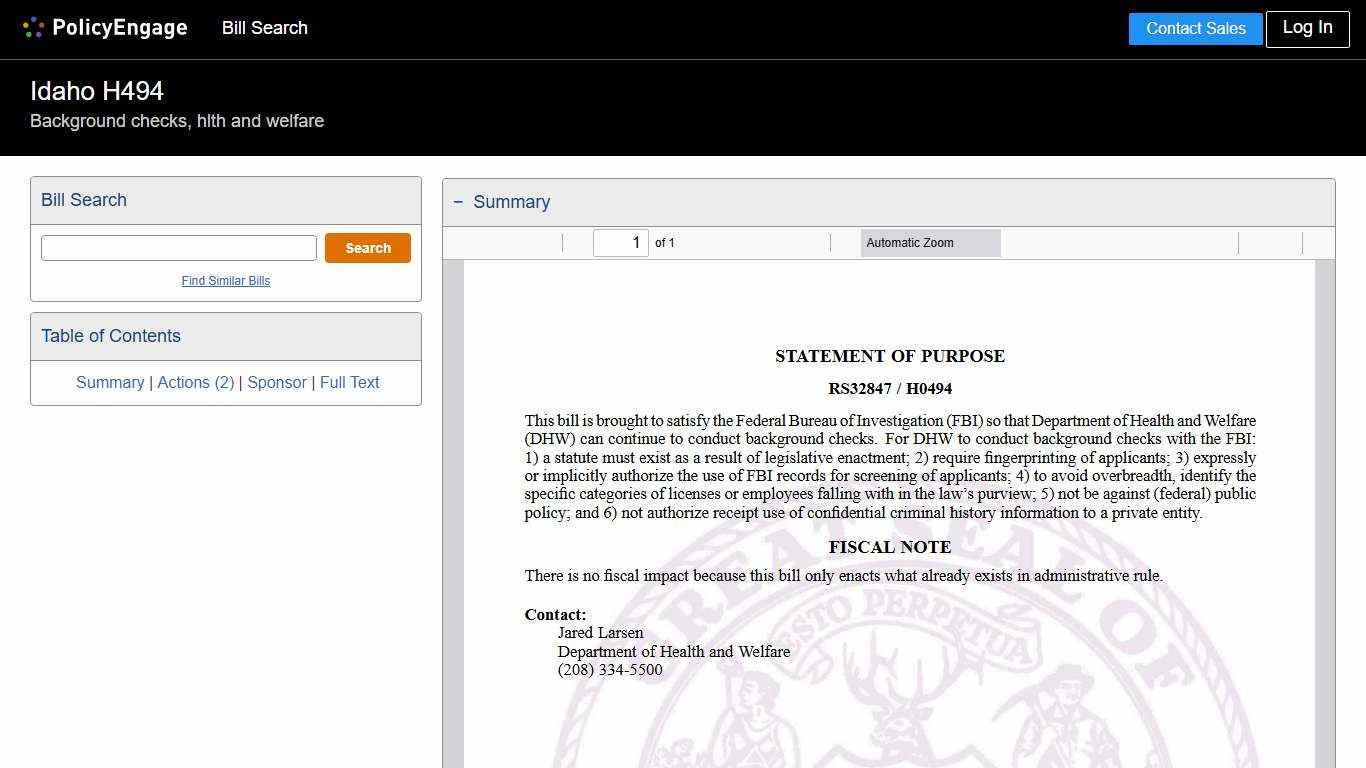 H494 Idaho 2026 Background checks, hlth and welfare - Legislative Tracking PolicyEngage